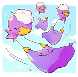  >_< :o blush carrying closed_eyes closed_mouth clouds commentary day ditto drifloon inari1369 no_humans open_mouth outdoors pokemon pokemon_(creature) pokemon_focus pokemon_pokopia sky solid_circle_eyes solid_oval_eyes sparkle sweat untranslatable_commentary 