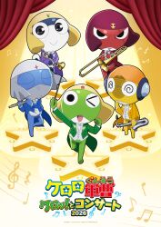  5boys absurdres black_eyes closed_eyes commentary_request concert copyright_name dororo_(keroro_gunsou) frog giroro glasses hat headphones highres instrument keroro keroro_gunsou kururu_(keroro_gunsou) looking_at_viewer mask mouth_mask multiple_boys ninja_mask no_humans official_art simple_background star_(symbol) tamama tuxedo 