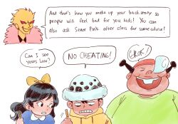  1girl 2boys avaxxah baby_5 black_hair blue_dress bow buck_teeth buffalo_(one_piece) commentary donquixote_doflamingo dress english_commentary green_shirt hat highres hood hoodie long_hair multiple_boys one_piece shirt sleeping squeans teeth trafalgar_law white_hat yellow_bow yellow_hoodie 