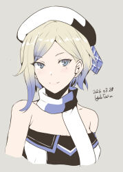  1girl beret black_hat black_scarf blonde_hair blue_eyes blue_hair blue_scarf breasts commentary_request dress gradient_hair hat highres jean_bart_(kancolle) kantai_collection looking_at_viewer mole mole_under_eye multicolored_hair multicolored_scarf scarf short_hair small_breasts smile solo strapless strapless_dress taira_yuuki two-tone_headwear white_hat white_scarf 
