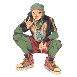  1boy ;p \m/ absurdres animal_print aqua_hat baseball_cap black_bridal_gauntlets black_shirt blue_eyes bodysuit bridal_gauntlets chain chain_necklace full_body green_bodysuit hat highres jewelry jojo_no_kimyou_na_bouken layered_sleeves long_sleeves looking_at_viewer male_focus necklace one_eye_closed orange_hair pink_shoes print_shirt red_shorts ring shirt shoes short_over_long_sleeves short_sleeves shorts simple_background siniy sneakers solo squatting the_jojolands tongue tongue_out usagi_aloha'oe white_background 