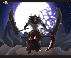  1boy 1girl alex_kellar black_hair boots breasts broken_moon cape cloak commission crescent_rose crossover darksiders death_(darksiders) dress dual_wielding frills gloves glowing glowing_eyes gradient_hair grey_eyes highres holding holding_scythe holding_weapon hood hooded_cloak long_hair long_sleeves looking_at_viewer mask medium_breasts medium_hair moon multicolored_hair muscular neon_trim no_pupils painterly pale_skin pantyhose purple_scarf red_cape red_hair ruby_rose rwby scarf scythe short_hair sickle skirt skull skull_belt skull_mask thigh-highs weapon yellow_eyes 