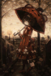  1girl absurdres animal-themed_umbrella animal_ears arm_at_side black_bow black_pantyhose bow bowtie brown_hair brown_hat chinese_commentary closed_mouth commentary_request cross dress expressionless falling_leaves frilled_dress frills full_body graveyard hat hat_bow hezaizhou high_heels highres holding holding_umbrella leaf long_sleeves orange_bow orange_bowtie orange_dress orange_eyes orange_shoes original outdoors pantyhose raccoon_ears raccoon_girl raccoon_tail shoes short_hair solo striped_bow striped_bowtie striped_clothes tail tombstone tree two-tone_bow two-tone_bowtie umbrella walking white_bow white_bowtie 