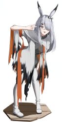  1girl :p absurdres animal_ears arknights arm_up black_jacket blush commentary commentary_typo dress english_commentary fingernails frostnova_(arknights) full_body grey_dress grey_eyes grey_hair hair_ornament hair_over_one_eye hairclip hand_on_own_thigh highres jacket leaning leaning_forward long_hair looking_at_viewer nik_(n1km47) one_eye_covered open_clothes open_jacket pantyhose rabbit_ears rabbit_girl revision shoes short_dress sidelocks simple_background smile solo standing tongue tongue_out torn_clothes torn_jacket torn_sleeves v white_background white_jacket white_pantyhose white_shoes zipper 