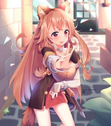  1girl :d absurdres animal_ear_fluff animal_ears artist_name black_dress blurry blurry_background blush brown_hair child cloak collar commentary cowboy day dress floating_hair green_cloak grey_dress highres iwatani_naofumi kuri_(animejpholic) long_hair long_sleeves looking_at_another messy_hair metal_arm_cuffs metal_collar metal_wrist_cuffs out_of_frame outdoors outstretched_arm pinstripe_dress pinstripe_pattern raccoon_ears raccoon_girl raccoon_tail raphtalia raphtalia_(young) red_dress red_eyes short_dress short_sleeves sleeveless sleeveless_dress smile solo standing sunlight tail tate_no_yuusha_no_nariagari twitter_logo twitter_username untranslatable_commentary watermark yellow_trim 