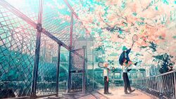  1girl 2boys absurdres ahoge arm_up bag ball black_hair black_panties black_shoes black_shorts blue_sky branch building carrying chain-link_fence cherry_blossoms commentary_request day fence full_body green_eyes green_hair grey_hair hand_up highres holding holding_tennis_racket jimini_shijimi multiple_boys open_mouth original outdoors panties racket shirt shoes shorts shoulder_carry sky sportswear tennis_ball tennis_court tennis_racket traffic_light train tree underwear white_shirt 