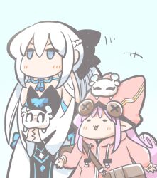  2girls black_bow blue_eyes bow braid commentary_request con_(fate) fate/grand_order fate_(series) habetrot_(fate) hair_between_eyes hair_bow half_up_braid highres long_hair morgan_le_fay_(fate) morgan_le_fay_(first_ascension)_(fate) multiple_girls ono-yuzi pink_hair pointy_ears ponytail simple_background smile very_long_hair 
