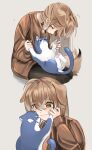  1girl 1other ahoge animal_ears animal_hands bangs brown_eyes brown_hair brown_sweater cat closed_eyes dog_ears dog_girl dog_tail hair_down highres hololive hololive_english juno_ox leggings long_hair long_sleeves looking_at_another multicolored_hair nanashi_mumei sitting smile streaked_hair sweater tail very_long_hair virtual_youtuber 