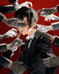  1boy asterisk_(symbol) black_hair black_jacket black_necktie chinese_commentary collared_shirt commentary_request cracked_mask curtained_hair double-parted_bangs gloves gold_trim grabbing_another's_arm hair_between_eyes half_mask highres icco_ho index_(identity)_(project_moon) index_finger_raised jacket limbus_company male_focus mask mask_over_one_eye necktie one_eye_covered pager parted_bangs parted_lips project_moon red_background shirt short_hair simple_background solo suit_jacket surrounded_by_hands too_many_arms upper_body white_gloves white_mask white_shirt yellow_eyes yi_sang_(project_moon) 