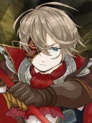  1boy ascot blue_eyes bringer_of_disaster_(grimms_notes) brown_background brown_gloves brown_hair cape closed_mouth eye_mask gloves glowing glowing_eye grimms_notes holding holding_staff krn_tr_610 looking_at_viewer male_focus mask protected_link red_ascot red_cape red_eyes short_hair solo staff upper_body 