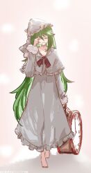  1girl absurdres alarm_clock analog_clock artist_name barefoot capelet clock commentary_request dated facing_viewer full_body green_hair hat highres kazami_yuuka kazami_yuuka_(pc-98) long_hair nightcap nightgown one-hour_drawing_challenge sleepwear solo touhou touhou_(pc-98) ve1024 very_long_hair white_capelet white_hat white_nightgown 