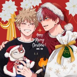  2boys animal bakugou_katsuki black_shirt boku_no_hero_academia cable_knit cape cat christmas commentary_request double-parted_bangs english_text eye_contact flower fur-trimmed_cape fur_trim grin hand_on_another's_shoulder hat highres holding holding_animal long_sleeves looking_at_another looking_to_the_side male_focus merry_christmas multicolored_cat multiple_boys open_mouth poinsettia red_cape red_eyes red_hair red_sweater ribbon sack salt_-_siomsb santa_costume santa_hat shirt sideways_glance smile sweater teeth todoroki_shoto white_flower white_hair yellow_ribbon 
