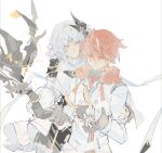  1boy 1girl closed_mouth code:_failess_(elsword) elsword elsword_(character) eve_(elsword) facial_mark facing_viewer forehead_mark gloves linbai22 looking_down multicolored_hair red_eyes redhead sacred_templar_(elsword) short_hair sketch white_background white_hair yellow_eyes 