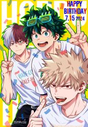  3boys arm_up bakugou_katsuki belt belt_buckle black_belt black_pants blonde_hair blue-framed_eyewear blue_eyes boku_no_hero_academia brown_eyes buckle burn_scar closed_mouth crew_neck dated eyewear_on_head freckles green_eyes green_hair happy_birthday heterochromia highres male_focus midoriya_izuku multicolored_hair multiple_boys novelty_glasses open_mouth pants parted_bangs print_shirt red_eyes red_hair salt_-_siomsb scar scar_on_face shirt short_sleeves spiky_hair split-color_hair teeth todoroki_shoto tongue tongue_out v white_hair white_shirt wide-eyed 