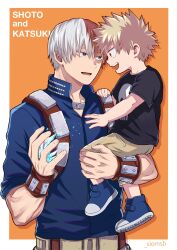  2boys bakugou_katsuki belt black_shirt blonde_hair blue_eyes blue_shirt blue_shoes boku_no_hero_academia border brown_eyes brown_shorts burn_scar carrying carrying_person child collared_shirt commentary english_commentary english_text eye_contact hand_on_another's_shoulder heterochromia highres looking_at_another male_focus multicolored_hair multiple_boys open_mouth print_shirt red_eyes red_hair round_teeth salt_-_siomsb scar scar_on_face shirt shoes short_sleeves shorts sleeves_rolled_up smile spiky_hair split-color_hair superhero_costume teeth time_paradox todoroki_shoto white_border white_hair 