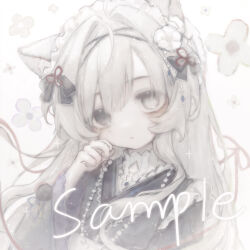  1girl animal_ears bead_necklace beads black_bow black_eyes black_kimono blush bow closed_mouth commission flower flower_knot grey_hair hair_bow hair_intakes hand_up heterochromia hezaizhou highres japanese_clothes jewelry kimono long_hair long_sleeves maid_headdress mole mole_under_each_eye mole_under_eye multiple_moles necklace original sample_watermark shirt shirt_under_kimono solo tareme upper_body watermark white_background white_eyes white_flower white_shirt 