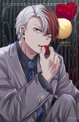  1boy black_shirt blue_eyes blue_necktie boku_no_hero_academia brown_eyes buttoned_cuffs buttons candy chocolate commentary_request english_text food formal_clothes grey_jacket grey_pants grey_suit heart heart-shaped_chocolate heart-shaped_food heterochromia highres holding holding_candy holding_food inset_border jacket layered_sleeves long_sleeves looking_to_the_side male_focus multicolored_hair necktie open_mouth pants parted_hair red_hair round_teeth salt_-_siomsb shirt sideways_glance solo split-color_hair suit suit_jacket teeth todoroki_shoto white_hair wing_collar 