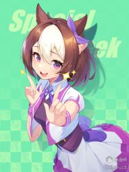  1girl :d absurdres animal_ears back_bow blush bow breasts brown_hair brown_shirt character_name cowboy_shot double-parted_bangs frilled_skirt frills green_background hair_between_eyes hair_intakes hands_up highres horse_ears horse_girl index_fingers_raised jacket lily_xiaoshan_yang looking_at_viewer medium_breasts mihuashi_username multicolored_hair open_clothes open_jacket open_mouth pink_eyes purple_bow shirt short-sleeved_jacket short_hair short_sleeves skirt smile solo sparkle special_week_(umamusume) two-tone_hair umamusume white_hair white_skirt 