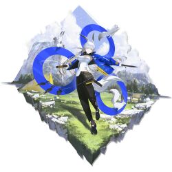  1girl animal animal_ears arknights belt_pouch bird black_pants black_shoes blue_jacket breasts clouds day dual_wielding full_body grass grey_hair hair_over_one_eye highres holding holding_knife holding_sword holding_weapon jacket knife kunai large_breasts long_hair long_sleeves looking_at_viewer medium_breasts mountain official_art open_clothes open_jacket outdoors pants pouch reoen shirt shoes sky solo squirrel squirrel_ears squirrel_girl squirrel_tail standing strapless surfer_(arknights) sword tail third-party_source very_long_hair violet_eyes weapon white_hair white_shirt 