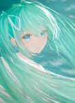  1girl absurdres blurry blurry_background copyright_request day eyelashes green_background green_eyes green_hair hatsune_miku highres light light_rays long_hair looking_to_the_side ojay_tkym parted_lips portrait simple_background solo tank_top twintails very_long_hair 