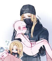  1boy 1other beanie black_coat black_gloves blonde_hair blue_background blue_eyes blush breath carrying chibi chilling_devotion coat commentary ear_piercing gloves gradient_background hat highres jim_walters long_hair mask mouth_mask piercing princess_carry sanfangzhu58831 sick simple_background sweat trembling untranslatable_commentary white_background 
