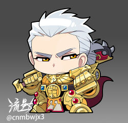  1girl armor artist_name cape chainsword chibi clenched_hand genderswap genderswap_(mtf) gradient_background holding holding_sword holding_weapon imperial_fists lowres over_shoulder power_armor primarch rogal_dorn ryuusei_(mark_ii) space_marine sword sword_over_shoulder tagme warhammer_40k weapon weapon_over_shoulder white_hair 