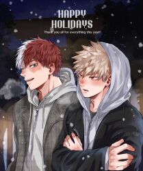  2boys bakugou_katsuki black_jacket blonde_hair blue_eyes blush boku_no_hero_academia coat commentary_request crossed_arms english_text grey_coat happy_holidays highres hood hood_down hood_up hoodie jacket lapels layered_sleeves long_sleeves looking_at_viewer male_focus multicolored_hair multiple_boys night notched_lapels open_mouth outdoors red_eyes salt_-_siomsb smile snowing split-color_hair todoroki_shoto upper_body white_hoodie 