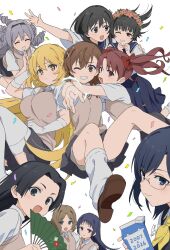  6+girls :d ;) awatsuki_maaya black_eyes black_hair blonde_hair blue_eyes blue_sailor_collar blue_skirt bow breasts brown_eyes brown_hair brown_shoes brown_sweater_vest collared_shirt commentary confetti drill_hair drink_carton elbow_gloves electricity electrokinesis flower folding_fan glasses gloves grey_skirt hair_bow hair_flower hair_ornament hairclip hand_fan head_wreath highres hokaze_junko holding holding_milk_carton hug kongou_mitsuko konori_mii large_breasts loafers long_hair looking_at_viewer loose_socks milk_carton miniskirt misaka_mikoto multiple_girls neckerchief one_eye_closed only_my_railgun pleated_skirt purple_hair red_bow red_neckerchief sailor_collar sakugawa_school_uniform saten_ruiko school_emblem school_uniform serafuku shirai_kuroko shirt shoes shokuhou_misaki short_hair short_sleeves skirt smile socks star-shaped_pupils star_(symbol) summer_uniform sweater_vest symbol-shaped_pupils teruya_(6w6y) thigh-highs toaru_kagaku_no_railgun toaru_majutsu_no_index tokiwadai_school_uniform twintails uiharu_kazari v-neck wannai_kinuho white_background white_shirt white_socks white_thighhighs yellow_neckerchief 