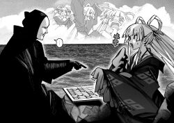  ... 1boy 1girl absurdres arms_up board_game character_request cho_kaguya-hime! closed_eyes commentary copyright_request crossover facing_another greyscale hair_ornament hair_rings hair_stick halterneck highres holding holding_shogi_piece mask monochrome runami_yachiyo shogi sleeves_past_fingers sleeves_past_wrists spoken_ellipsis twintails untranslatable_commentary xiaoju_xiaojie 