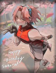  black_gloves black_shorts blurry blurry_background blush breasts character_name commentary english_commentary forehead_protector gloves green_eyes happy_birthday haruno_sakura highres holding holding_kunai holding_weapon konohagakure_symbol kunai looking_at_viewer medium_breasts naruto_(series) naruto_shippuuden petals pink_hair red_shirt shirt shitakara4 short_hair shorts sleeveless sleeveless_shirt smile twitter_username v weapon 