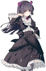  1girl ascot black_dress black_hair black_hairband closed_mouth cross dress expressionless feet_out_of_frame floating_hair flower flower_hairband frilled_dress frills gokou_ruri gothic_lolita hairband hand_on_own_hip hand_up highres juliet_sleeves light_blush lolita_fashion long_hair long_sleeves looking_at_viewer migolu mole mole_under_eye ore_no_imouto_ga_konna_ni_kawaii_wake_ga_nai puffy_sleeves purple_flower purple_rose rose simple_background solo standing twitter_username violet_eyes white_ascot white_background wide_sleeves 