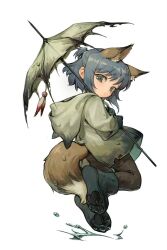  1girl animal_ear_fluff animal_ears black_gloves black_pants blue_eyes blue_hair boots character_request closed_mouth copyright_request e.g.o_(project_moon) fox_ears fox_girl fox_tail from_behind full_body gloves green_boots highres holding holding_umbrella hood hood_down hoodie jiu_jiu_jiu_jiu limbus_company long_sleeves looking_at_viewer looking_back original pants paw_shoes project_moon shoe_soles short_hair simple_background solo sunshower_(e.g.o) tail umbrella wet white_background white_hoodie 