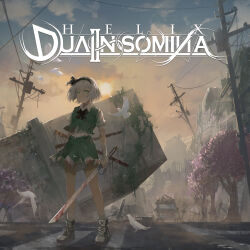  1girl absurdres album_cover bird black_bow black_bowtie black_hairband blood blood_on_weapon bow bowtie building cable car cover green_eyes green_skirt green_vest group_name hairband highres holding holding_sword holding_weapon katana konpaku_youmu motor_vehicle pigeon puffy_short_sleeves puffy_sleeves saya_(scabbard) scabbard sheath shirt shoes short_hair short_sleeves skirt sneakers solo standing sword touhou tree utility_pole vest weapon white_hair white_shirt white_shoes zan 