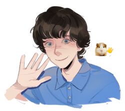 1boy adam_lanza aged_down animal animification bare_arms blue_eyes blue_shirt brown_hair buttons child closed_mouth collared_shirt curly_hair goodfolk2 halftone hamster hand_up highres looking_at_viewer lower_eyelashes_only male_focus photo-referenced polo_shirt real_life shirt short_hair short_sleeves simple_background smile solo swept_bangs true_crime waving white_background 