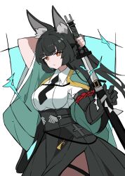  1girl animal_ear_fluff animal_ears aqua_background aqua_jacket arm_out_of_sleeve arm_up azuki_pii black_hair black_necktie black_skirt border brown_pantyhose commentary_request cowboy_shot drawing_sword fox_ears fox_girl gauntlets high-waist_skirt highres holding holding_behind_back holding_sword holding_sword_behind_back holding_weapon holding_weapon_behind_back hoshimi_miyabi jacket katana long_hair looking_at_viewer necktie open_mouth pantyhose red_eyes sheath shirt single_gauntlet skirt solo sword unsheathing weapon white_border white_shirt zenless_zone_zero 