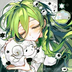  1girl ahoge animal animated animated_gif ascot blinking blush braid closed_mouth double-parted_bangs green_hair green_jacket hair_between_eyes hair_intakes holding holding_animal jacket long_hair long_hair_between_eyes looking_at_viewer open_clothes open_jacket original petting pianjian portrait sample_watermark sheep shirt single_braid smile solo star_(symbol) violet_eyes watermark white_ascot white_shirt 