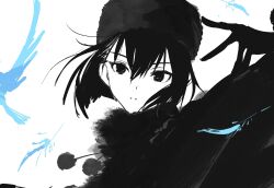  1girl bird blue_feathers cloak closed_mouth commentary drawstring english_commentary expressionless falling_feathers feathers floating_hair fur_cloak fur_hat gloves greyscale hand_up hat highres kuonji_alice looking_at_viewer mahou_tsukai_no_yoru monochrome needbee_r pom_pom_(clothes) pom_pom_drawstring portrait short_hair simple_background solo spot_color 