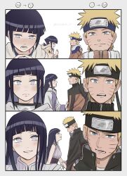  1boy 1girl age_progression blonde_hair blue_eyes blunt_bangs blush commentary_request couple eye_contact facial_mark forehead_protector highres hood hoodie hyuuga_hinata konohagakure_symbol long_hair looking_at_another naruto:_the_last naruto_(classic) naruto_(series) naruto_shippuuden no_pupils notane_n purple_hair short_hair spiky_hair uzumaki_naruto violet_eyes whisker_markings 
