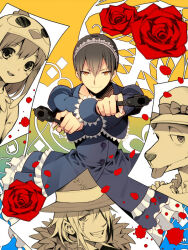  2boys 2girls aiming aiming_at_viewer animal_hat black_hair blood blood_splatter blue_dress blue_jacket cloche_hat closed_mouth commentary_request cropped_jacket dress dual_wielding falling_petals fever_(heisei_pistol_show) flower frilled_dress frills fur_trim grin gun hair_between_eyes hair_over_one_eye hairband half-closed_eyes handgun hat heart_(heisei_pistol_show) heisei_pistol_show holding holding_gun holding_weapon jacket juliet_sleeves lace-trimmed_jacket lace-trimmed_wrist_cuffs lace_trim lolita_fashion lolita_hairband long_sleeves looking_at_viewer multiple_boys multiple_girls outstretched_crossed_arms petals photo_(object) puffy_sleeves red_flower red_rose rose sakuyamochi short_hair smile stitched_face stitches tokimeki_(heisei_pistol_show) tongue tongue_out top_hat tyoveriba_(heisei_pistol_show) weapon wolf_girl wrist_cuffs 