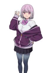  1girl bow bowtie breasts closed_mouth collared_shirt grey_pantyhose gridman_universe hand_on_own_hip hand_up highres jacket large_breasts long_sleeves looking_at_viewer nyus0721 pantyhose partially_unzipped pleated_skirt purple_bow purple_bowtie purple_hair purple_jacket red_eyes school_uniform shinjou_akane shirt shoes short_hair skirt sleeves_past_wrists smile solo ssss.gridman waving white_background white_shirt 