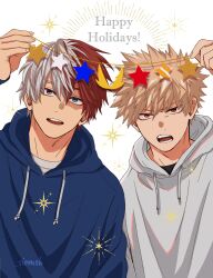  2boys arm_up bakugou_katsuki black_shirt blonde_hair blue_hair blue_hoodie boku_no_hero_academia commentary_request double-parted_bangs drawstring hair_between_eyes happy_holidays highres holding hood hood_down hoodie looking_up male_focus multicolored_hair multiple_boys open_mouth red_eyes red_hair round_teeth salt_-_siomsb shirt short_hair spiky_hair split-color_hair teeth todoroki_shoto twitter_username upper_body upper_teeth_only white_background white_hair white_hoodie white_shirt 