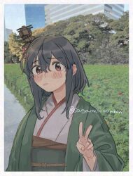  1girl black_hair blue_sky brown_eyes clouds commentary_request day green_haori haori headgear japanese_clothes kantai_collection kimono looking_at_viewer outdoors photo_background sagamiso short_hair sky solo twitter_username upper_body v white_kimono yamashiro_(kancolle) 