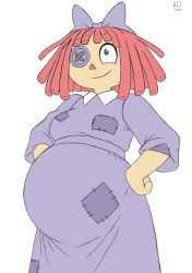 1girl arrowdark asymmetrical_eyes blue_bow blue_dress blunt_bangs bow brown_eyes button button_eyes closed_mouth collared_dress doll hair_bow hands_on_hips hands_on_own_hips highres long_dress looking_up mismatched_eyes pregnant ragatha_(the_amazing_digital_circus) ragdoll red_hair redhead short_hair smile the_amazing_digital_circus triangle_nose