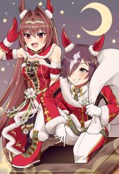  2girls absurdres animal_ears blush breasts brown_hair chimney christmas commentary_request crescent_moon daiwa_scarlet_(scarlet_nuit_etoile)_(umamusume) daiwa_scarlet_(umamusume) dress ear_covers fang fur-trimmed_dress fur-trimmed_gloves fur-trimmed_jacket fur_armlet fur_jacket fur_trim gloves green_necktie hair_intakes hair_over_one_eye highres horse_ears horse_girl jacket long_hair long_sleeves looking_at_viewer medium_breasts moon multiple_girls necktie official_alternate_costume open_mouth pants plaid_clothes plaid_dress plaid_sleeves red_dress red_eyes red_gloves red_jacket santa_costume santa_dress single_ear_cover smile star_(symbol) tail tawashi_hechima tiara umamusume very_long_hair vodka_(nonfreezing_aqua_vitae)_(umamusume) vodka_(umamusume) white_gloves white_pants 
