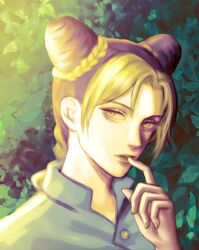  1girl absurdres black_hair braid braided_ponytail bun_with_braided_base chinese_commentary commentary_request cone_hair_bun czy_(2894456992) double_bun green_eyes green_hair green_lips green_nails hair_bun highres jojo_no_kimyou_na_bouken kujo_jolyne multicolored_hair parted_lips portrait solo stone_ocean two-tone_hair 