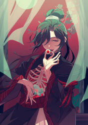  1girl absurdres black_hair black_hanfu chinese_clothes colored_inner_hair commentary_request curtains eyeball flower hair_bun hanfu highres holding holding_eyeball holding_flower hole_in_chest hole_on_body limbus_company long_hair looking_at_viewer multicolored_hair nobunobanobu parted_lips project_moon red_eyes red_hair red_sash red_streaks red_trim ribs sash solo streaked_hair very_long_hair zibai_(genshin_impact) 