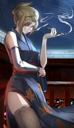  1girl asymmetrical_sleeves black_kimono blonde_hair blue_kimono breasts detached_sleeves fishnet_thighhighs fishnets folded_ponytail gintama grey_kimono grey_sleeves hair_ornament highres holding holding_smoking_pipe japanese_clothes kimono kiseru leaf_print looking_at_viewer night outdoors parted_lips rebel_i sash scar scar_across_eye scar_on_cheek scar_on_face short_hair side_slit single_sleeve sleeveless sleeveless_kimono smoke smoking smoking_pipe solo standing thigh-highs tsukuyo_(gintama) violet_eyes 