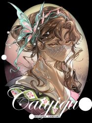  1girl absurdres black_border border brown_eyes brown_hair butterfly_hair_ornament chinese_clothes chinese_text face_chain hair_bun hair_ornament hand_up hanfu highres long_hair looking_at_viewer oval_border pinyin_text purple_hanfu reverse:1999 solo tooth_fairy_(reverse:1999) upper_body xixifusi_de_hualun 