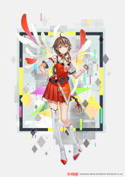  1girl ahoge asymmetrical_legwear braid brown_hair closed_mouth detached_sleeves gloves headphones highres long_hair looking_at_viewer mole mole_under_mouth official_art red_eyes red_shirt red_skirt see-through_clothes shirt shoes single_braid skirt smile solo tidsean very_long_hair vocaloid vsinger_(vocaloid) white_gloves white_shoes yuezheng_ling yuezheng_ling_(vocaloid5) 