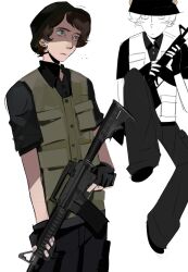  1boy adam_lanza animification ar-15 bare_arms black_gloves black_hat black_shirt blush_stickers brown_hair buttons closed_mouth collared_shirt cowboy_shot empty_eyes expressionless fingerless_gloves fingernails frown full_body gloves goodfolk2 green_vest grey_eyes gun hat highres holding holding_gun holding_weapon knee_up looking_ahead looking_at_viewer male_focus multiple_views pocket real_life rifle shirt short_hair short_sleeves simple_background sitting standing true_crime vest weapon white_background wide-eyed 